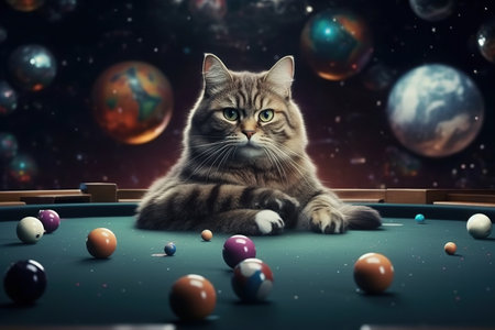 A Gigantic cat plays billiard with planets in space illustration generative aiの素材