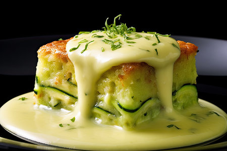 marvelous zucchini pudding on a plate, black background, illustration, generative aiの素材