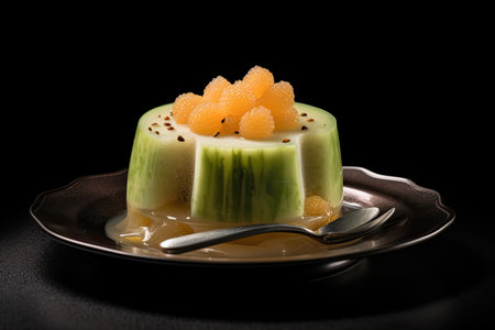 marvelous pudding on a plate, black background, illustration, generative aiの素材