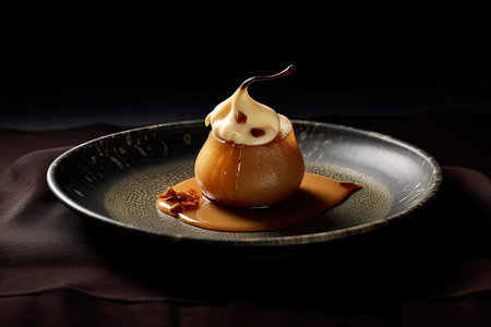 marvelous pudding on a plate, black background, illustration, generative aiの素材