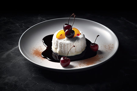 marvelous pudding on a plate, black background, illustration, generative aiの素材