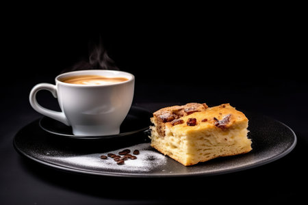 marvelous pudding on a plate, black background, illustration, generative aiの素材