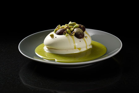 marvelous pudding on a plate, black background, illustration, generative aiの素材