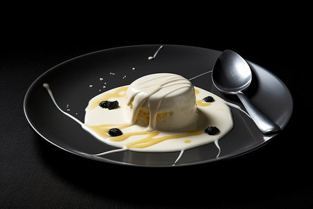 marvelous pudding on a plate, black background, illustration, generative aiの素材