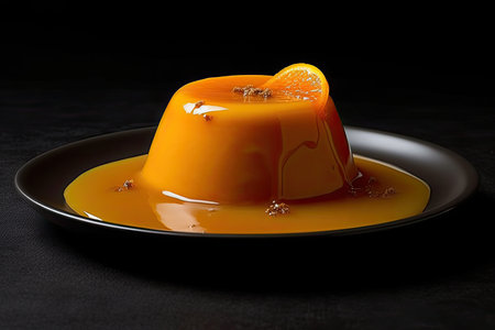 marvelous pudding on a plate, black background, illustration, generative aiの素材
