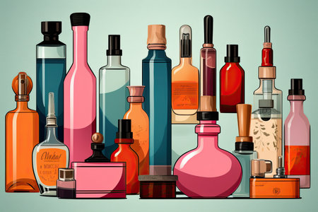 illustration of various colored bottles and cosmetic containers, generative aiの素材