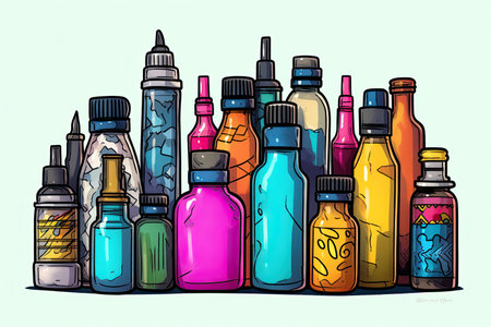 illustration of various colored bottles and cosmetic containers, generative aiの素材