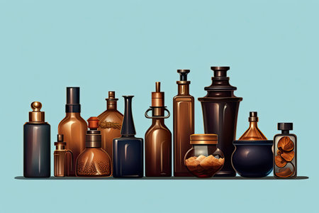 illustration of various colored bottles and cosmetic containers, generative aiの素材