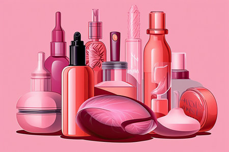 illustration of various colored bottles and cosmetic containers, generative aiの素材