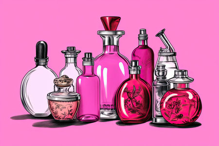 illustration of various colored bottles and cosmetic containers, generative aiの素材