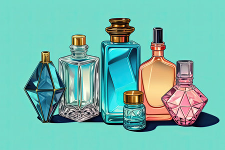 illustration of various colored bottles and cosmetic containers, generative aiの素材