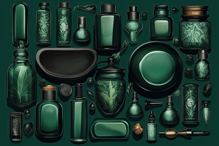 illustration of various colored bottles and cosmetic containers, generative aiの素材