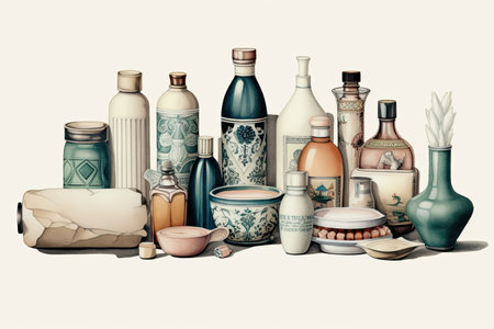 illustration of various colored bottles and cosmetic containers, generative aiの素材