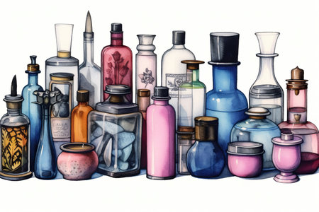 illustration of various colored bottles and cosmetic containers, generative aiの素材