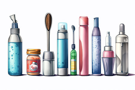 illustration of various colored bottles and cosmetic containers, generative aiの素材
