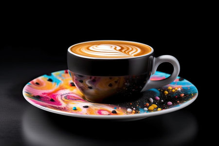 marvelous colorful cappuccino on a plate, black background, illustration, generative aiの素材