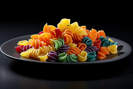 marvelous colorful pasta on a plate, black background, illustration, generative aiの素材