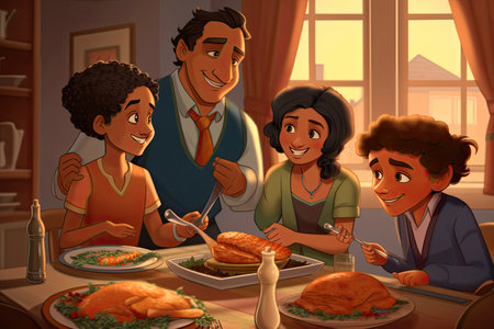 turkish multigenerational family at dinner, illustration, generative aiの素材