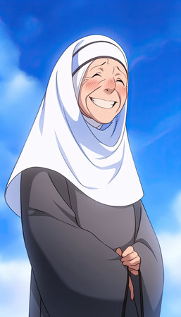 saint Mother Teresa of Calcutta, anime version with clouds in background, illustration, generative aiの素材