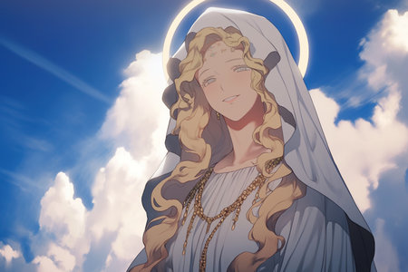 saint Catherine of Alexandria, anime version with clouds in background, illustration, generative aiの素材