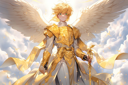 saint Gabriel the Archangel, anime version with clouds in background, illustration, generative aiの素材