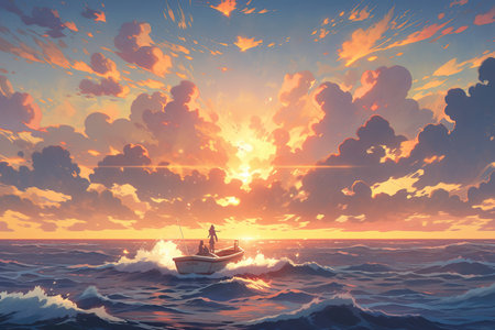 a boat sailing in the ocean with many waves, dawn in the backgroundの素材