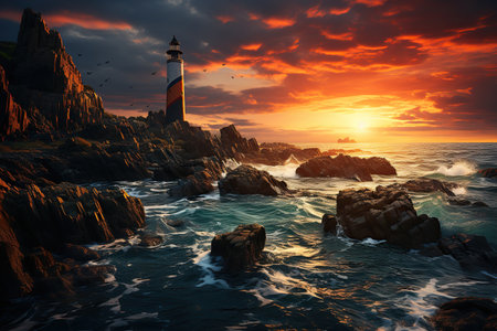 lighthouse on a promontory at sundown, sea in the backgroundの素材