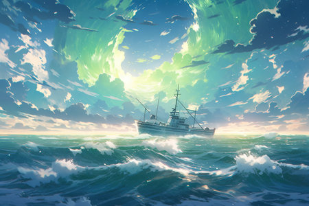 a green boat sailing in the ocean with many waves, dawn in the backgroundの素材