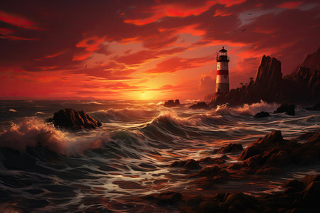 illustration of a lighthouse on a promontory at sundown, sea in the backgroundの素材