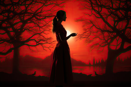 vintage nurse silhouette, sunset in background, illustrationの素材