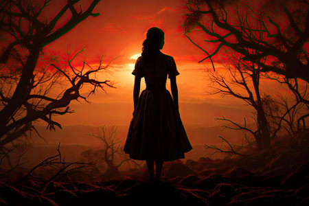 vintage nurse silhouette, sunset in background, illustrationの素材