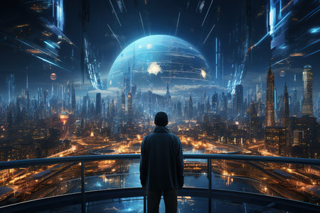 a man from behind, futuristic city in the backgroundの素材