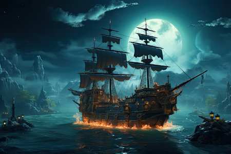 beautiful pirate ship in a bay at night, illustrationの素材