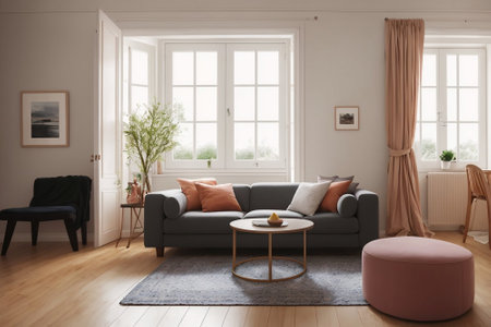 a living room with a gray sofa, a painting on the wall, a carpet on the floor, and a coffee table in front of the sofa.Generated by AIの素材