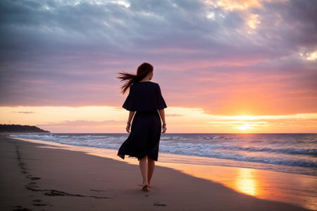 Young woman walking on the beach at beautiful sunset. Travel and vacation concept.の素材