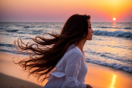 Beautiful young woman in white shirt on the beach at sunset.の素材