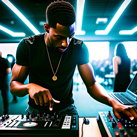 Young african-american DJ playing music at a nightclub.の素材