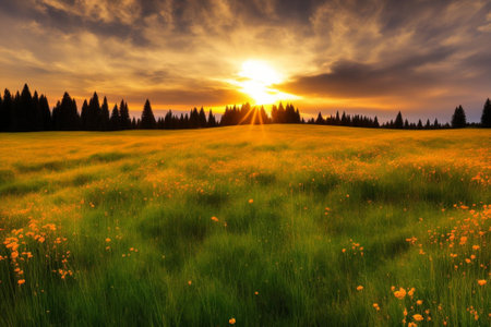 Sunset over a meadow with yellow flowers and pine trees in the backgroundの素材