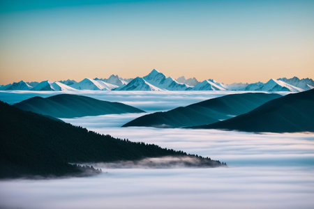 Mountains in the clouds at sunrise. Beautiful mountain landscape with blue sky.の素材
