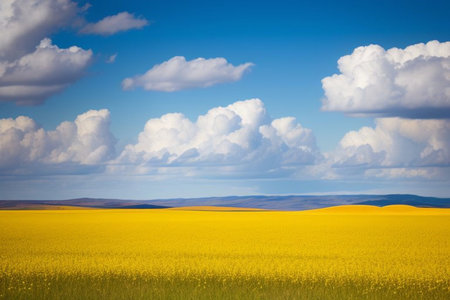 Beautiful spring landscape with yellow field and blue sky with white cloudsの素材