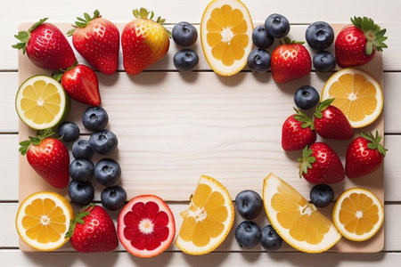 Fresh fruits and berries on wooden table. top view with copy spaceの素材