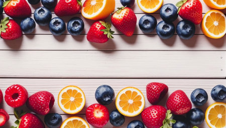 Assorted fresh fruits on white wooden background. top view, copy spaceの素材