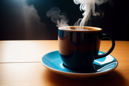 Cup of coffee on the wooden table with smoke from the coffee.の素材