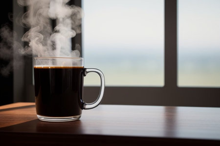 Cup of coffee on a wooden table in front of the windowの素材