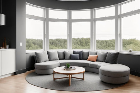 Interior of modern living room with gray sofa and coffee table.の素材