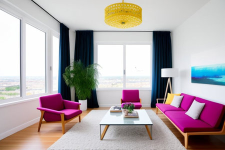 interior of modern bright living room with sofa and pink armchairの素材