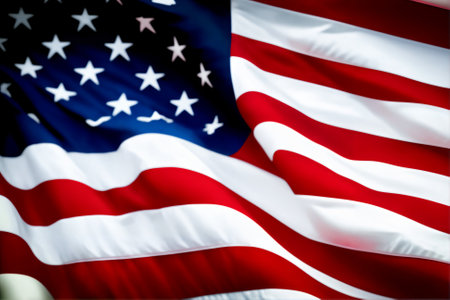 Closeup of American Flag waving in the wind, United States of Americaの素材