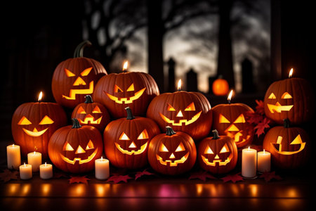 Halloween pumpkin head jack lanterns with burning candles on dark backgroundの素材