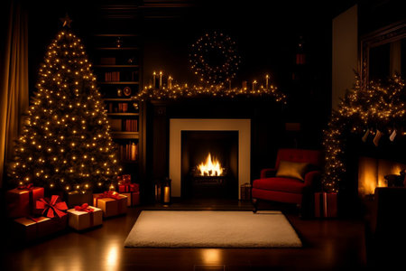 Christmas tree and fireplace in the dark living room.の素材