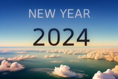 New Year 2024 on the clouds and blue sky background. Happy New Year concept.の素材